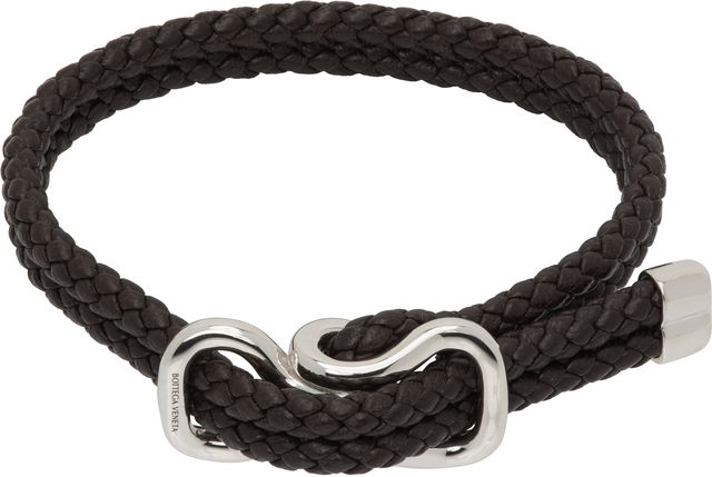 Bottega Veneta Braided Leather Bracelet with Silver-Tone Clasp