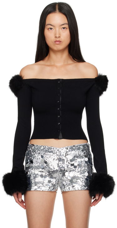 Пуловер GUIZIO Guizio Off-The-Shoulder Faux Fur Cuffs Cardigan Черно | F24111S047, 0