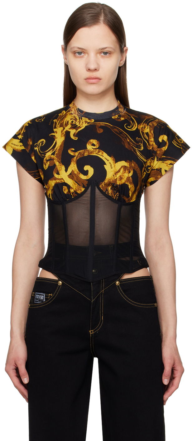 Тениска Versace Couture Black & Gold Watercolor Baroque T-Shirt Черно | E76HAH6A0_EJS287, 0