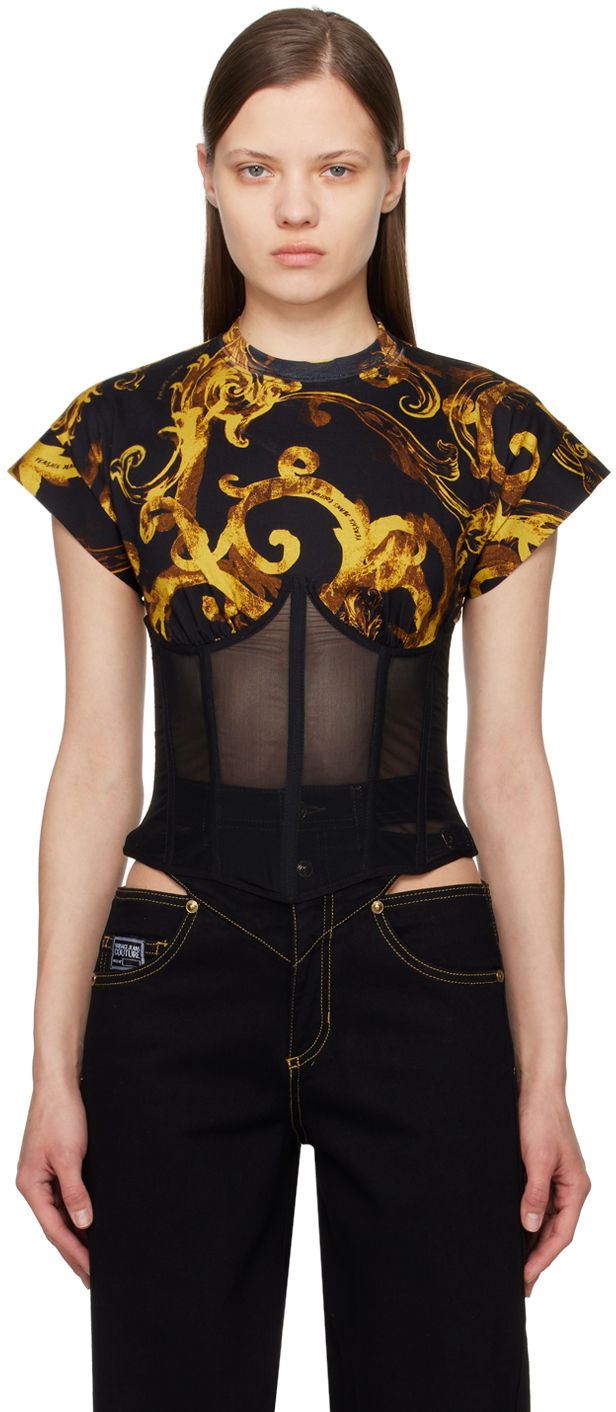 Тениска Versace Couture Black & Gold Watercolor Baroque T-Shirt Черно | E76HAH6A0_EJS287