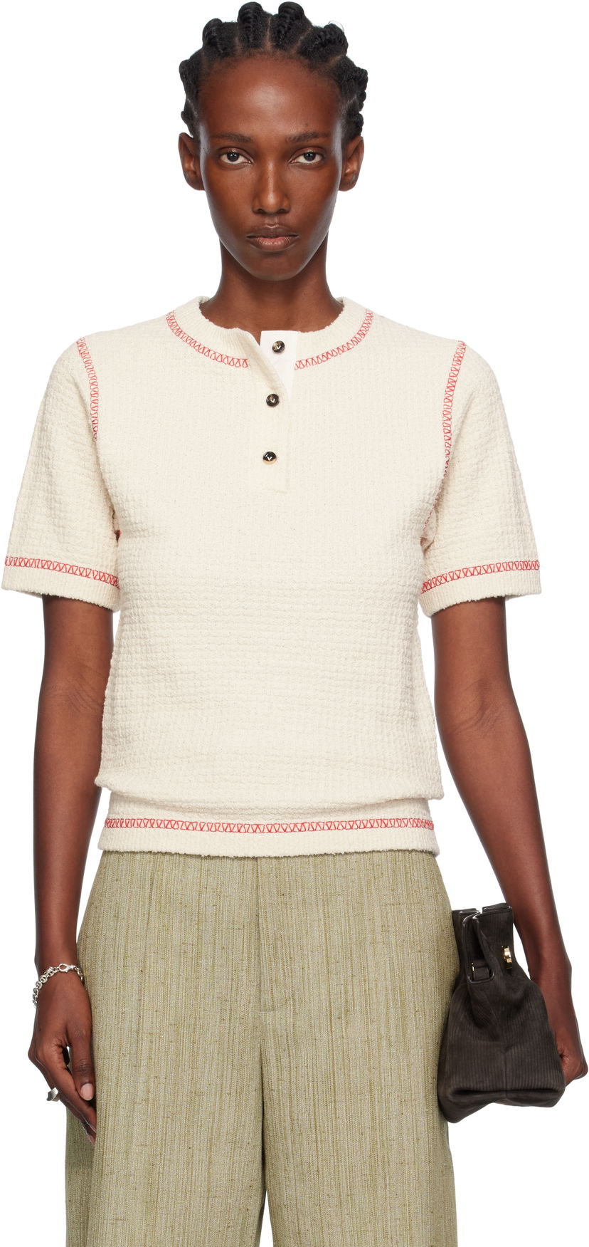 Поло тениска Bottega Veneta Bottega Veneta Waffle Knit Polo Shirt Бяло | 825700 V5BD0