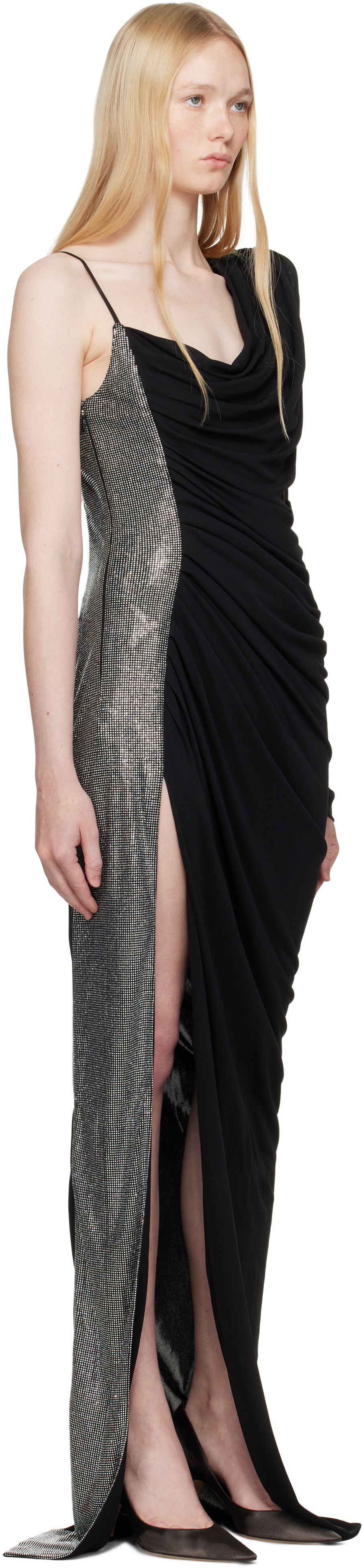 Pокля Balmain Balmain Draped Asymmetrical Two-Material Maxi Dress Черно | EF0RR965PD03, 1