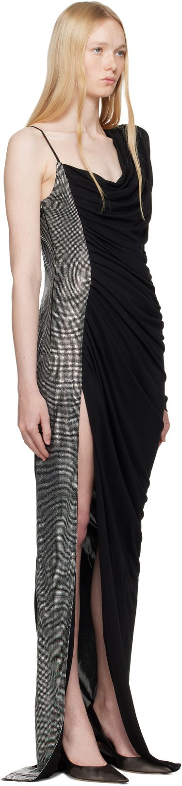 Pокля Balmain Balmain Draped Asymmetrical Two-Material Maxi Dress Черно | EF0RR965PD03, 1