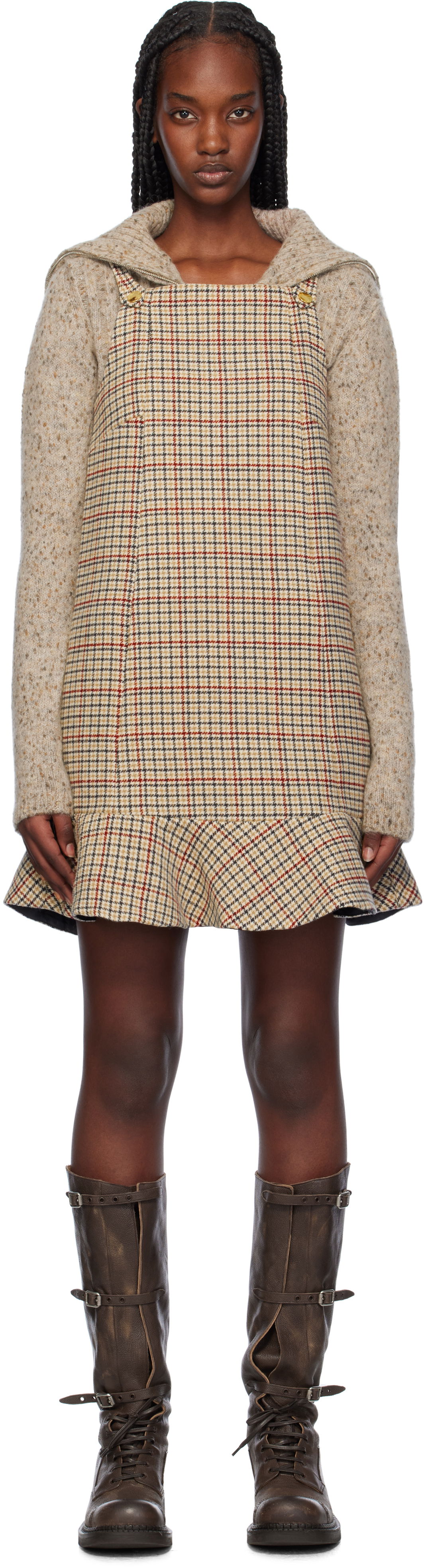 Pокля GANNI Check Print Ruffle Hem Mini Dress Бежово | F9695, 0