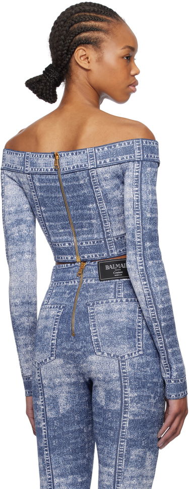Комплект Balmain Balmain Denim Off-Shoulder Top Синьо | EF1AO385KH80, 2