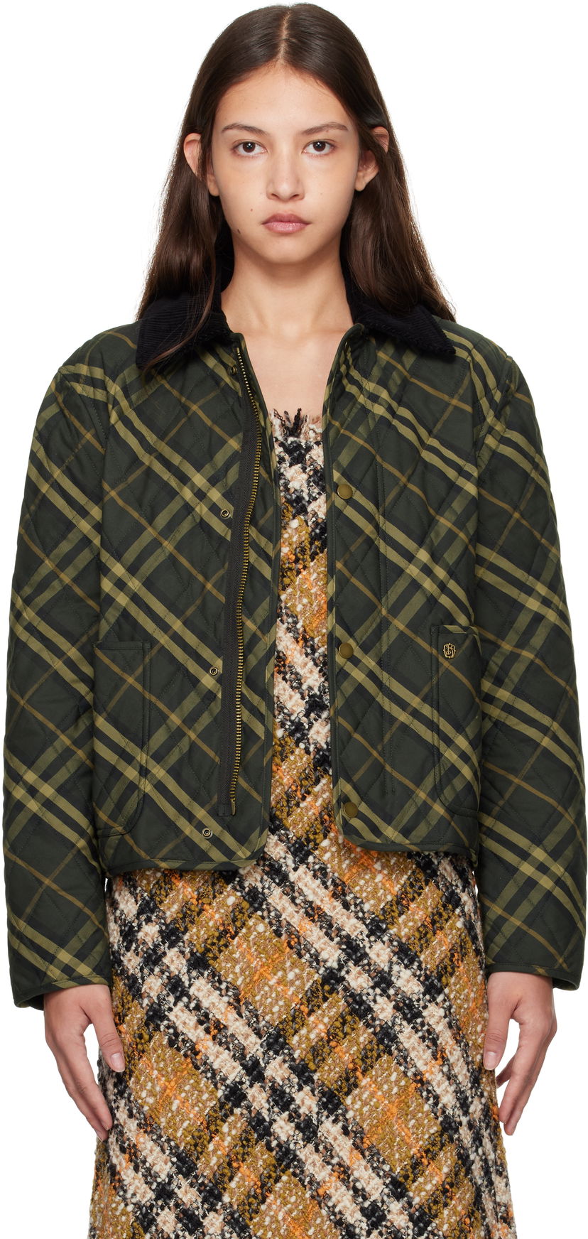 Яке бомбър Burberry Cropped Check Quilted Jacket Зелено | 8099632