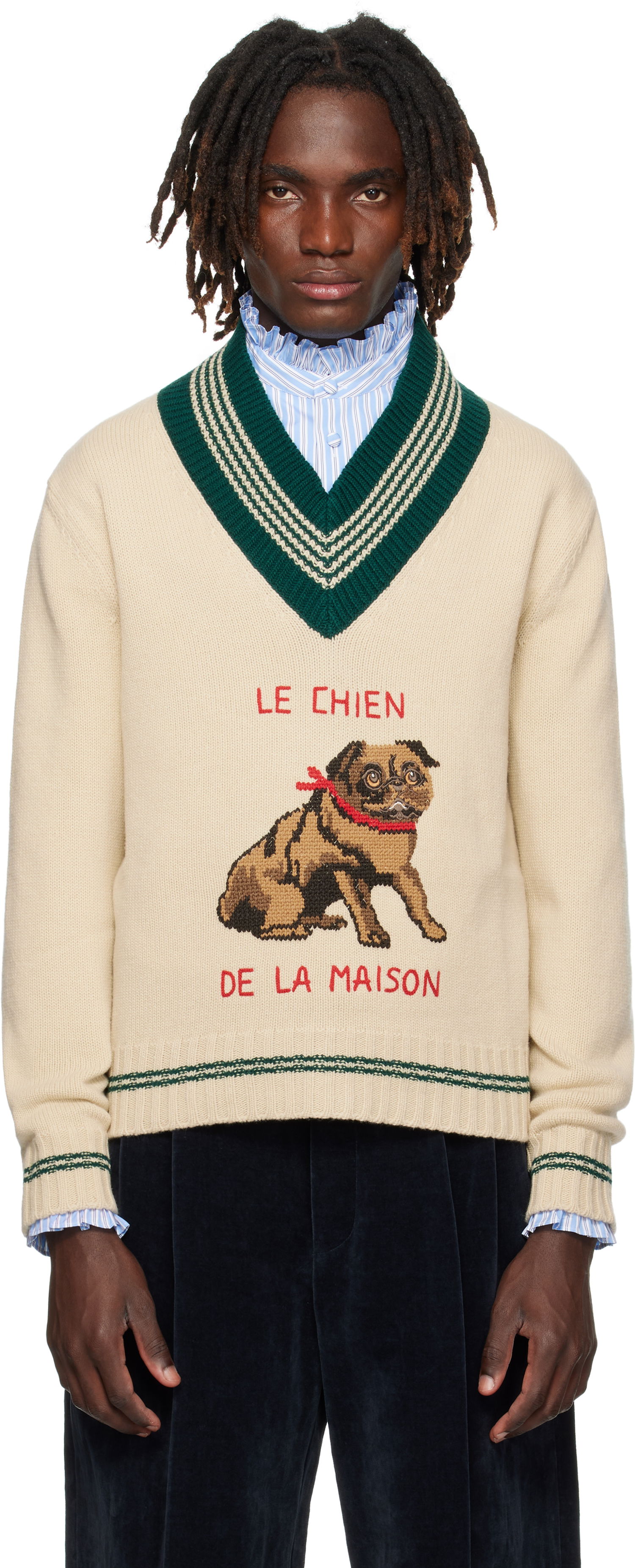 Пуловер Valentino Valentino 'Le Chien De La Maison' Jacquard Wool V-Neck Sweater Бежово | 7V3KC35EB2M, 0