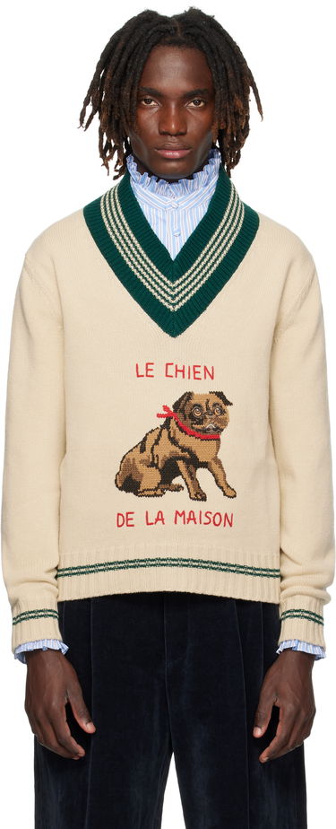 Пуловер Valentino Valentino 'Le Chien De La Maison' Jacquard Wool V-Neck Sweater Бежово | 7V3KC35EB2M, 0