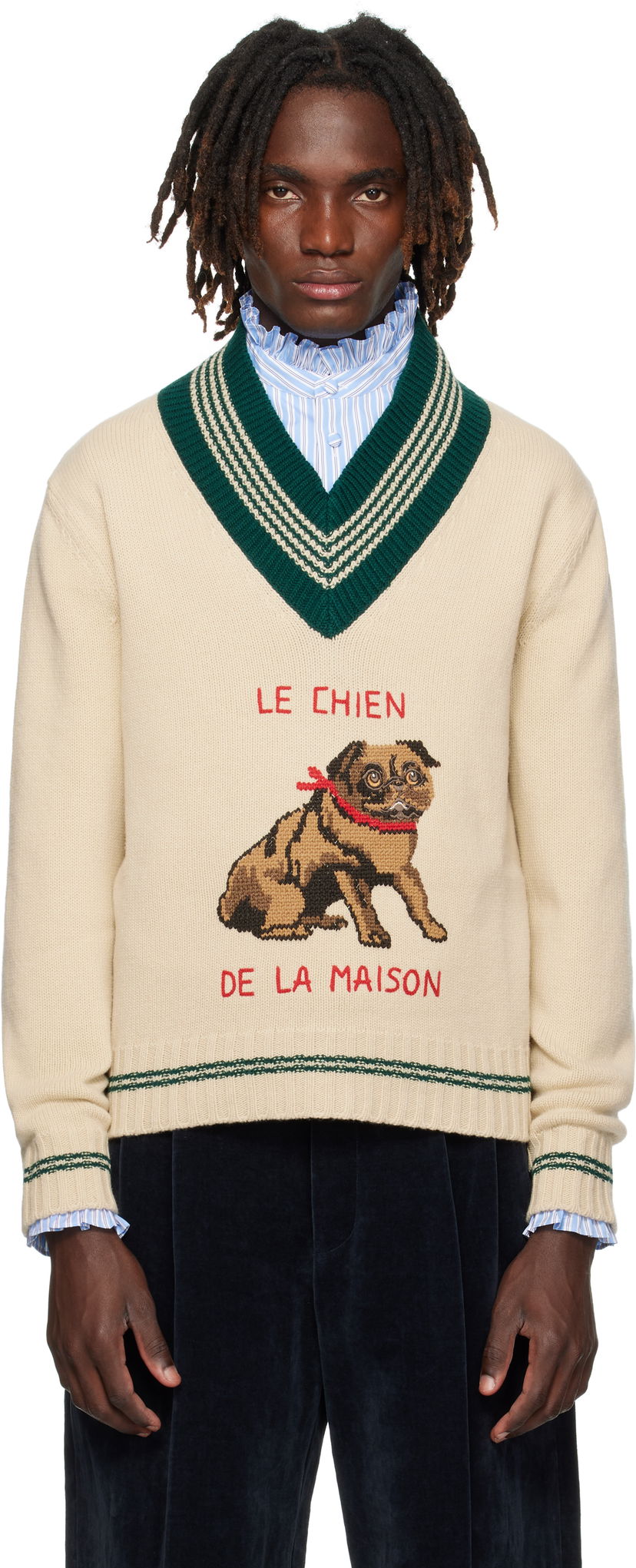 Пуловер Valentino Valentino 'Le Chien De La Maison' Jacquard Wool V-Neck Sweater Бежово | 7V3KC35EB2M