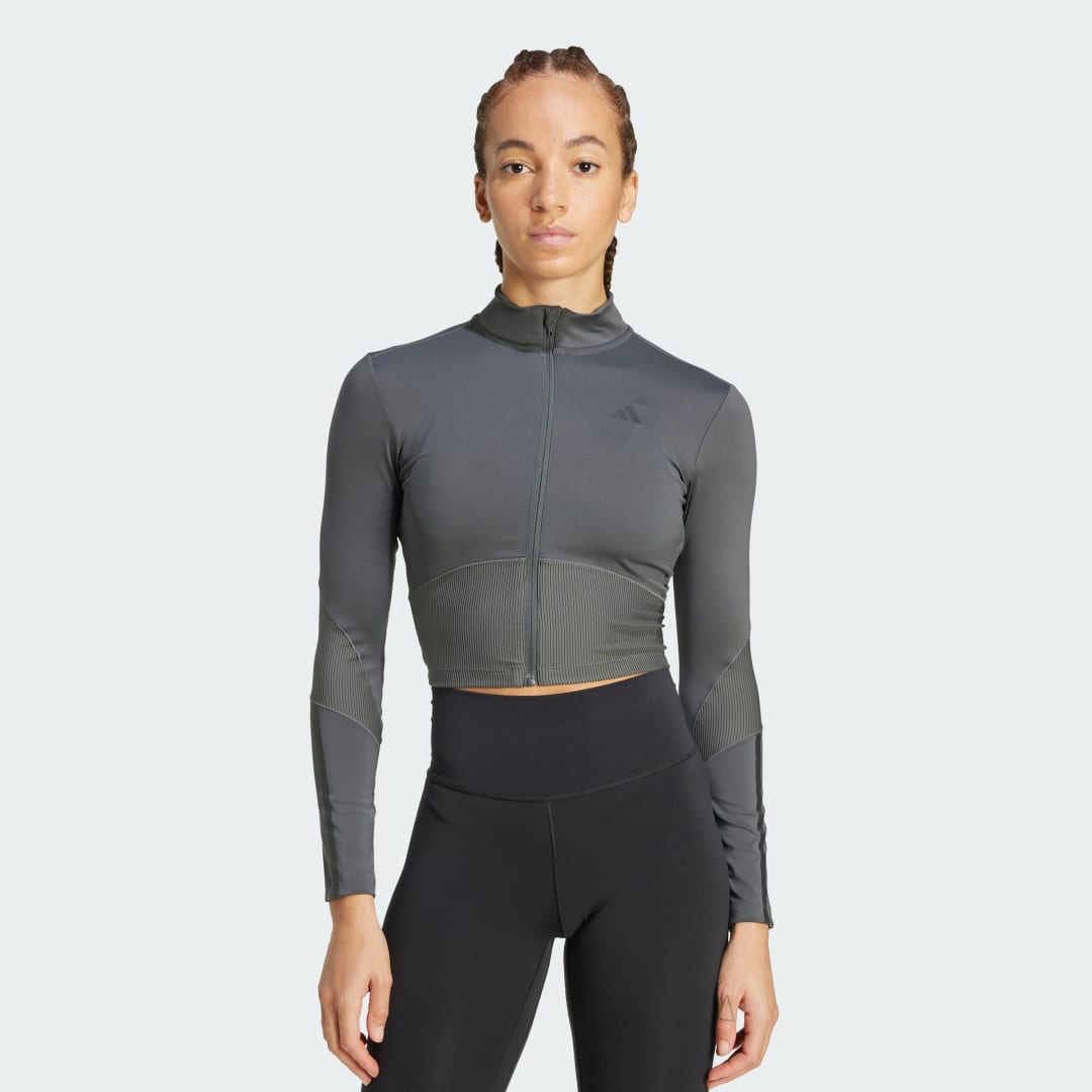 Съкратен топ adidas Performance Hyperglam Rib Zip Thru Top Сиво | JN2656, 0