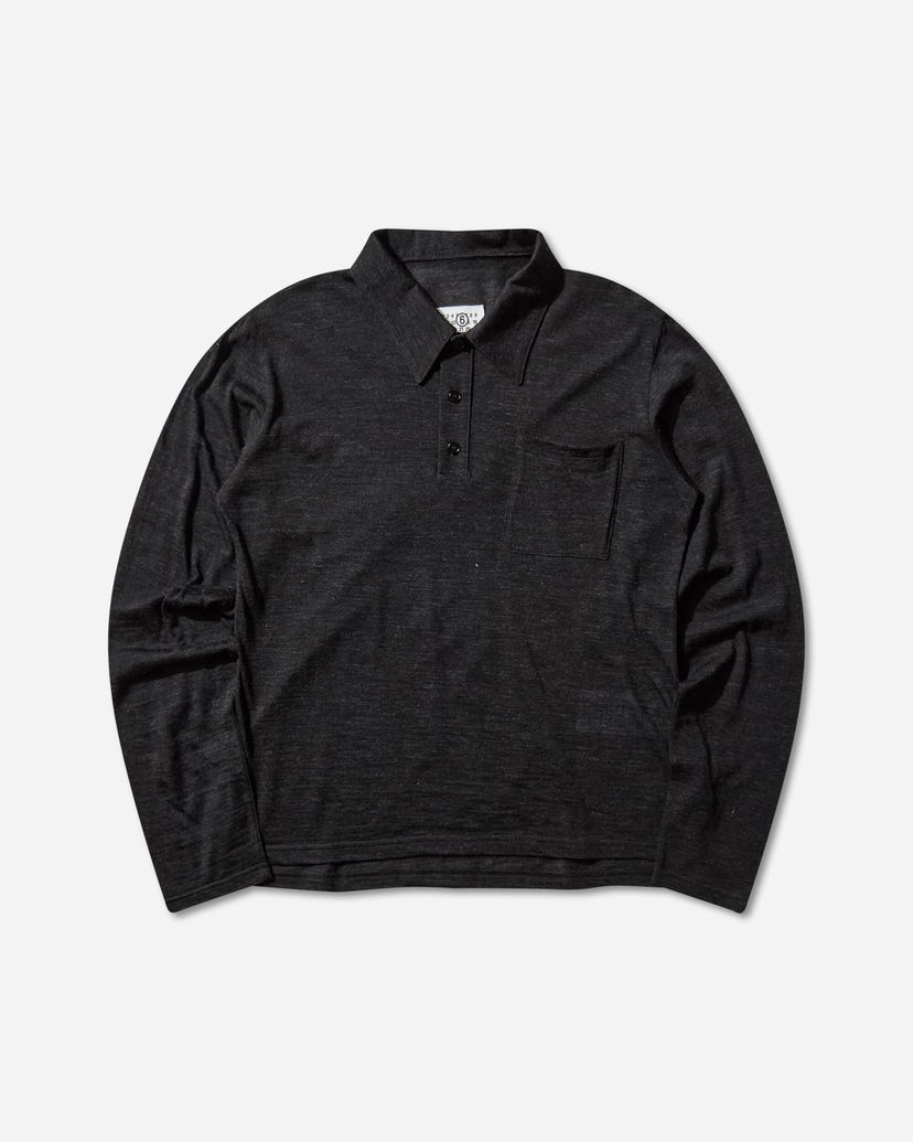 Поло тениска Maison Margiela MM6 Heathered Wool Long Sleeve Polo Shirt with Pocket Черно | SH2GL0004 899