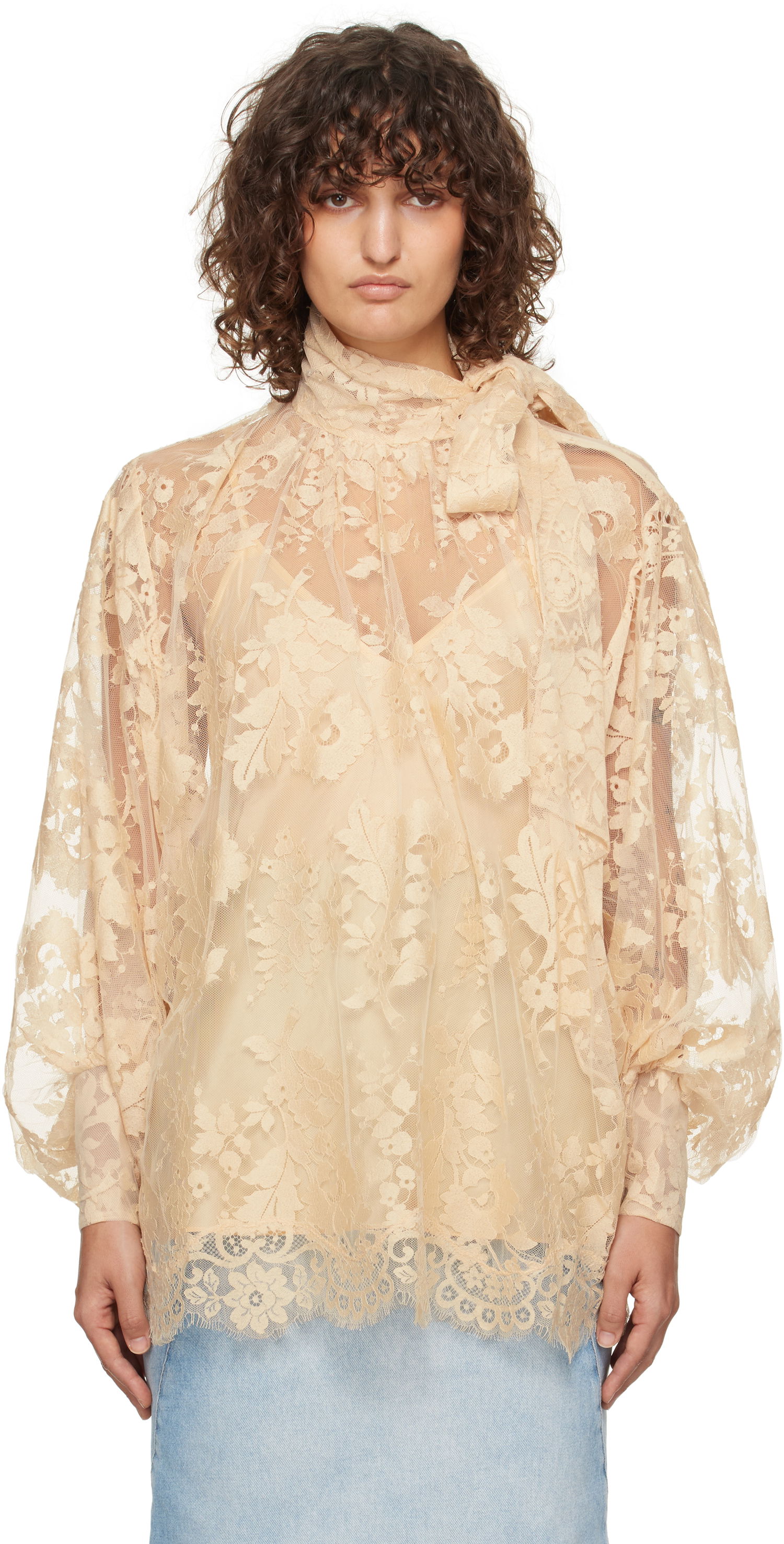 Риза ZIMMERMANN Zimmermann Illustration Lace Tie-Neck Blouse Бежово | 1401TF241, 0