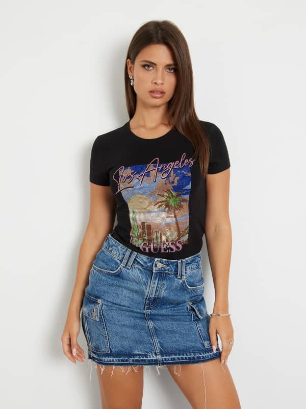 Тениска GUESS Front Print Stretch T-Shirt Черно | W4PI96J1305