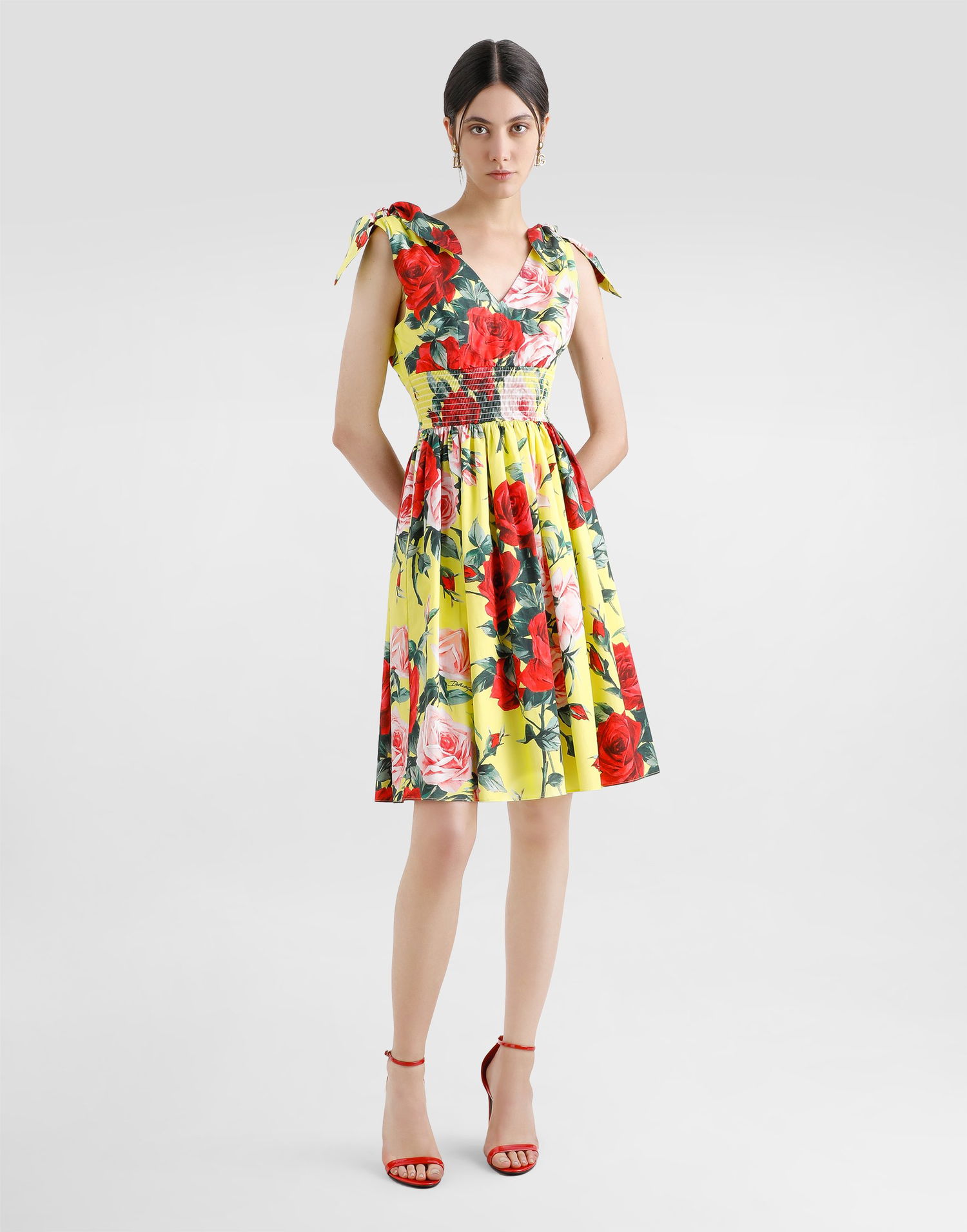 Pокля Dolce & Gabbana Dolce & Gabbana Cotton Midi Dress with Rose Print and Tie-Shoulder Straps Жълто | F6I0ATHS5TFHG5JD, 1