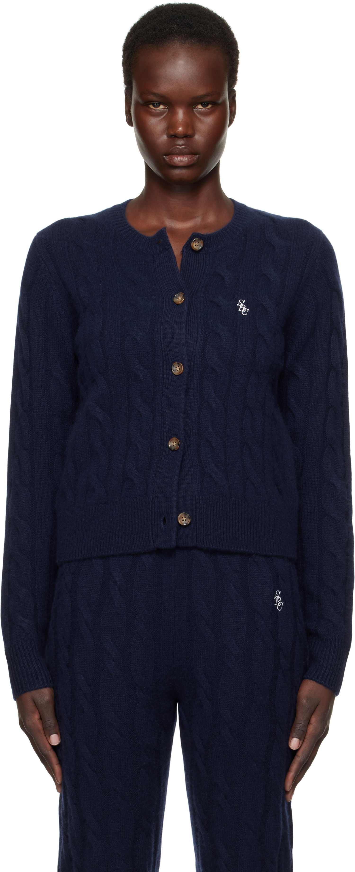 Пуловер Sporty & Rich 'SRC' Cableknit Cashmere Cardigan Тъмно синьо | CA003512302BL32, 0