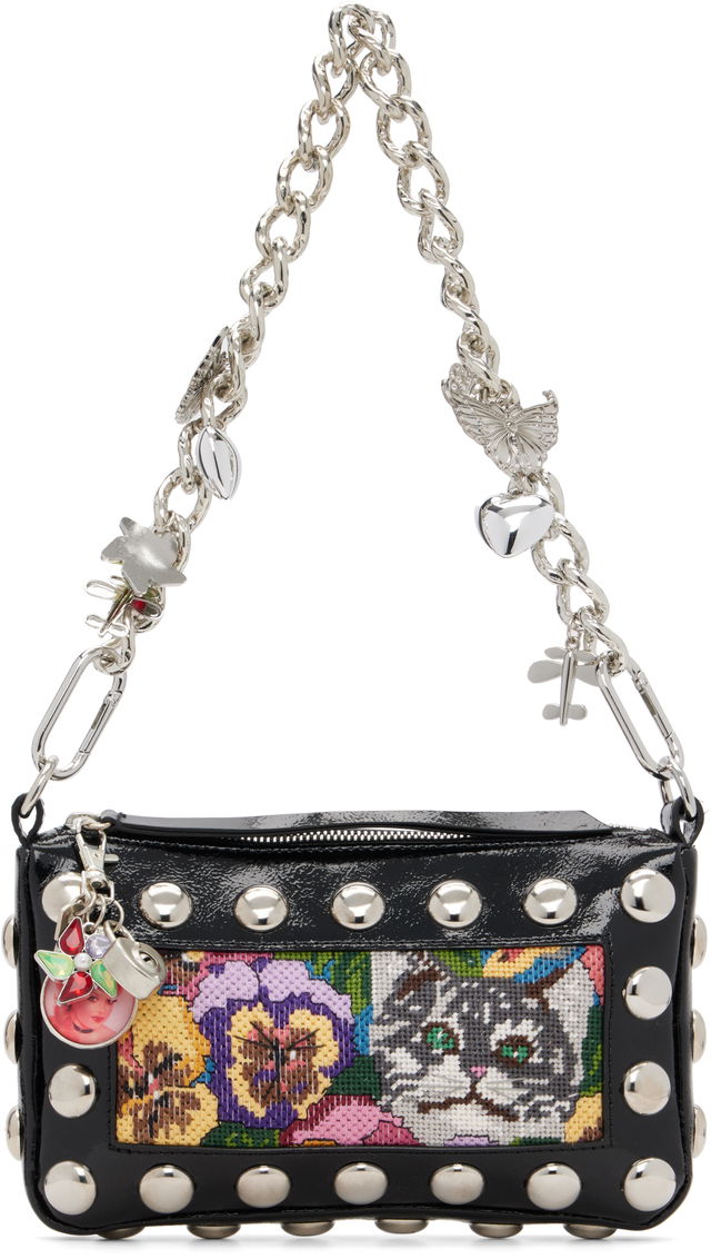 Fillie Studded Chain Charm Embroidered Pouch Bag