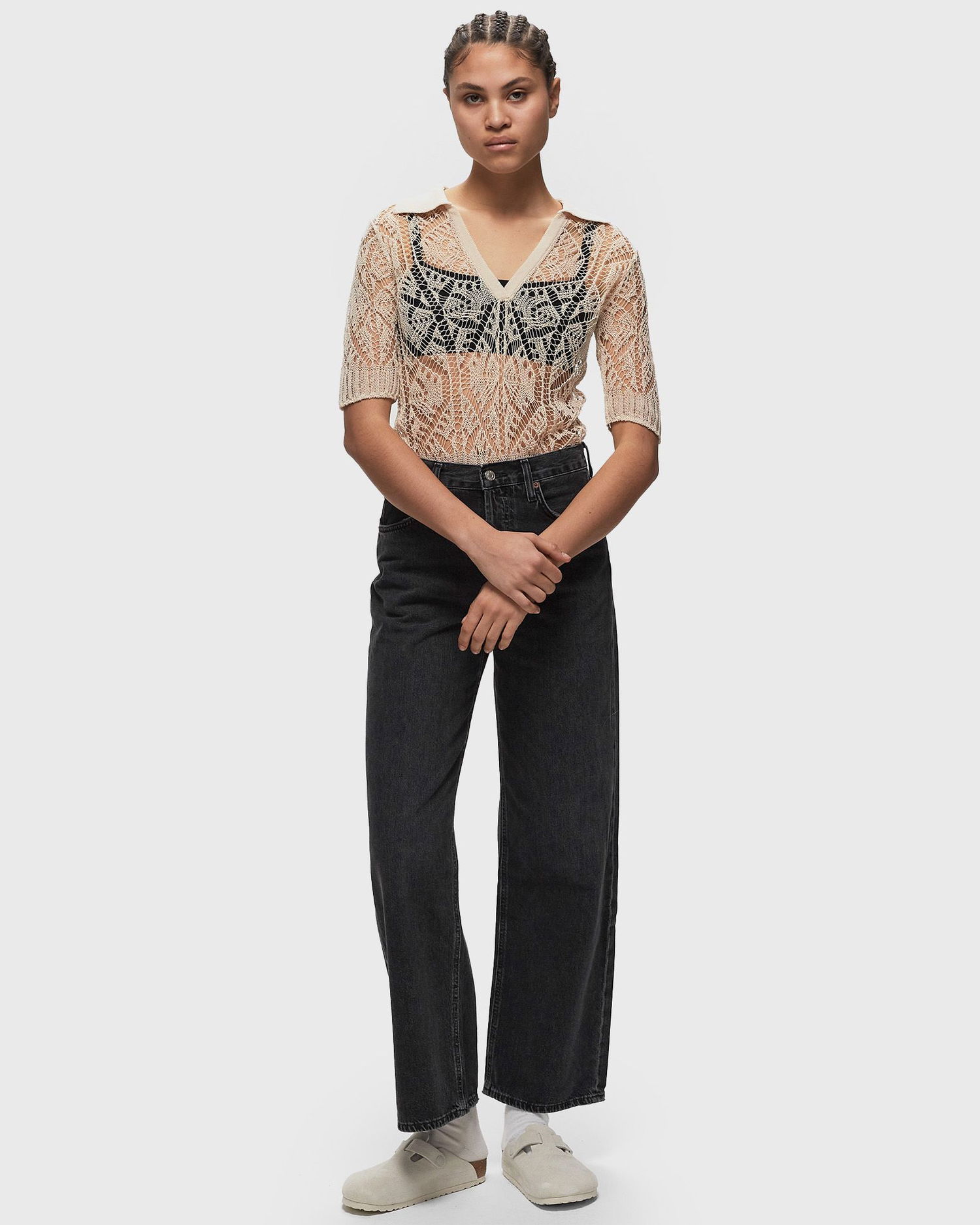Поло тениска GANNI Thin Cotton Lace Short Sleeve Polo Бежово | K2200-135, 1