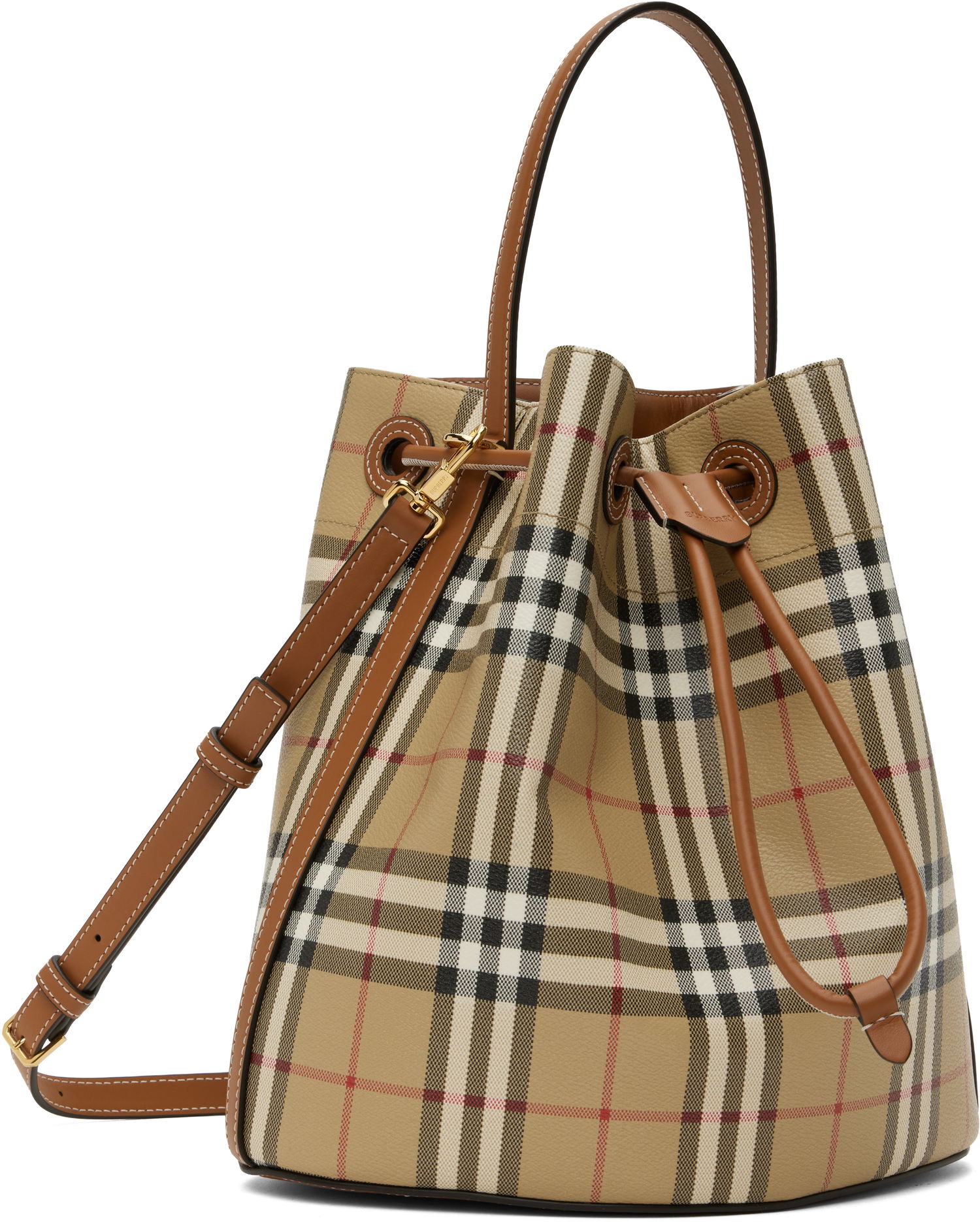 Дамска чанта Burberry Burberry Vintage Check & Leather Drawstring Bucket Bag Бежово | 8109795, 1