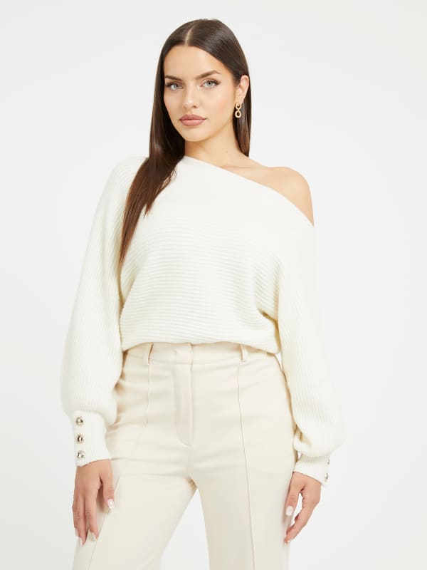 Тениска GUESS Off-Shoulder Wool Blend Бяло | W3BR13Z2QA0, 0