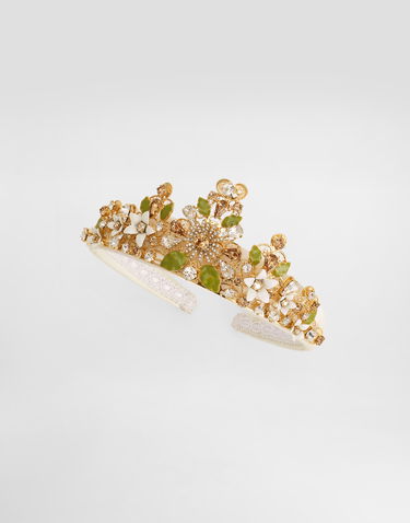 Бижута Dolce & Gabbana Headband with Rhinestones, Enamel Flowers and Leaves Бяло | WHR6J1W1111W0001, 2