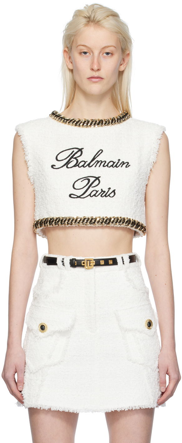 Потник Balmain Embroidered Tank Top Бяло | CF1AI145CE79