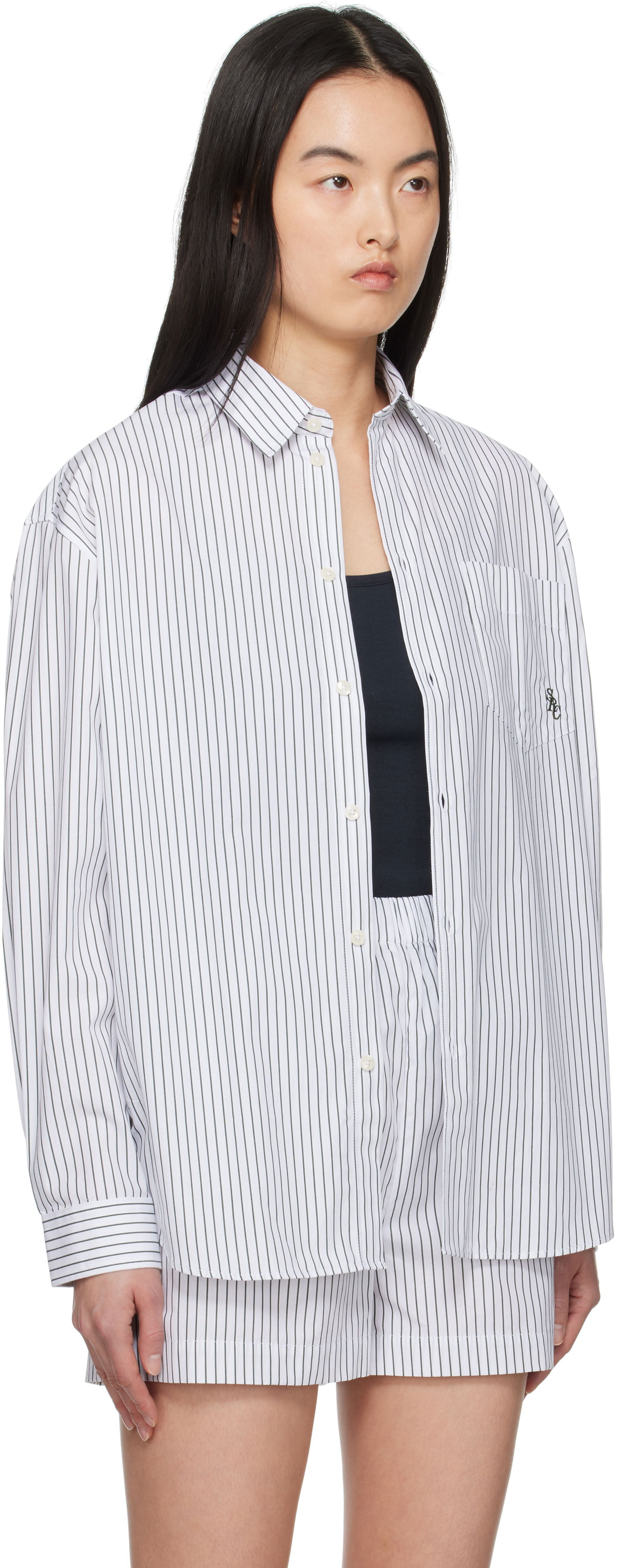 Риза Sporty & Rich Sporty & Rich Oversized Pinstriped Shirt Бяло | SI006606302ST71, 1