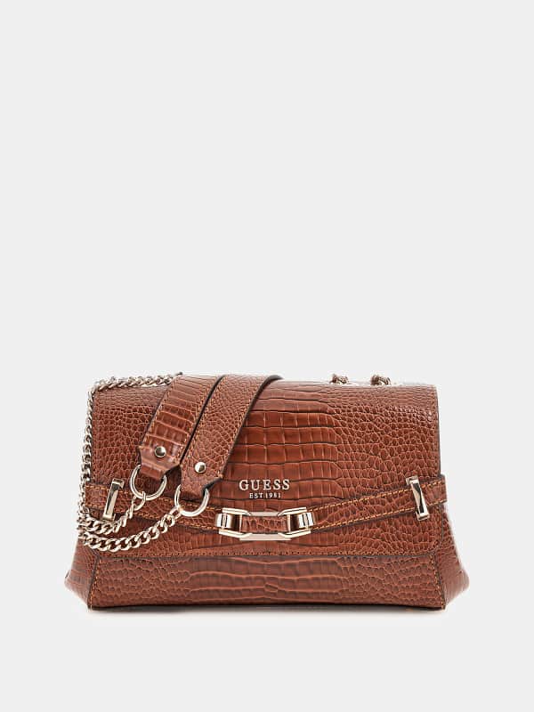 Дамска чанта GUESS Croc-Print Leather Crossbody Bag Кафяво | HWCG9527210, 0