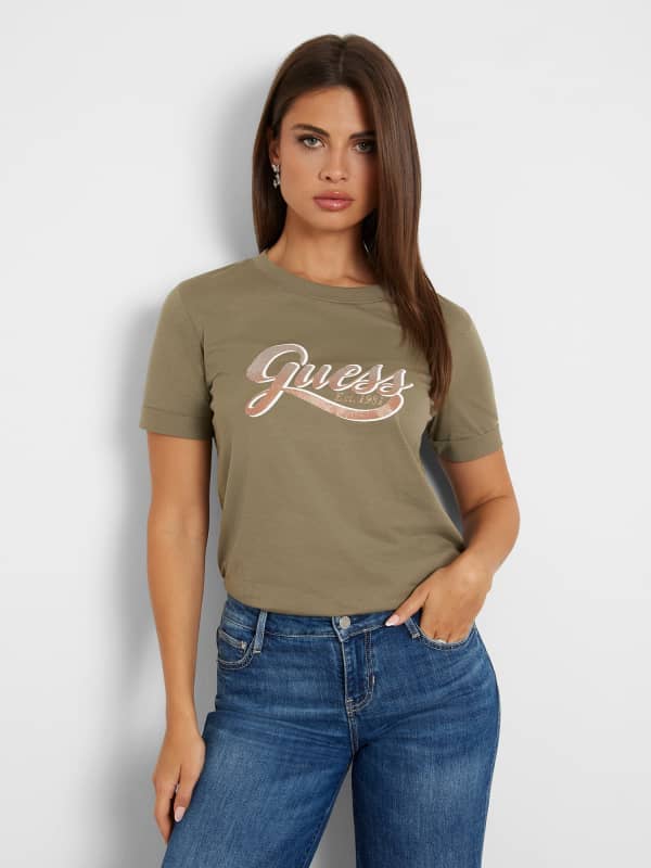 Тениска GUESS Front Logo T-Shirt Кафяво | W4YI09JA914