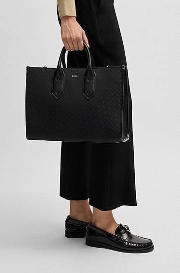Голяма пазарска чанта BOSS BOSS Monogram-Twill Tote Bag with Faux-Leather Trims Черно | 50535980, 1