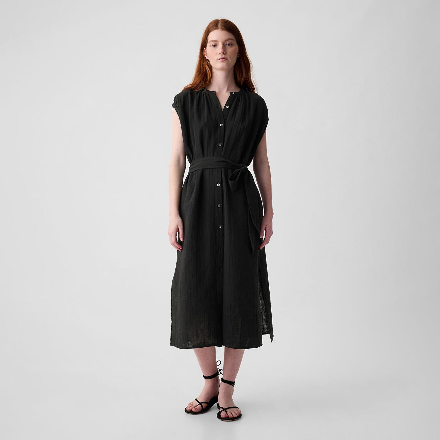 Pокля GAP Dresses Shortsleeve Gauze Tie Waist Button Down Midi Dress Black Черно | 857632-02, 0