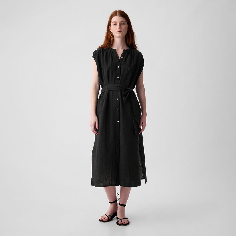 Pокля GAP Dresses Shortsleeve Gauze Tie Waist Button Down Midi Dress Black Черно | 857632-02