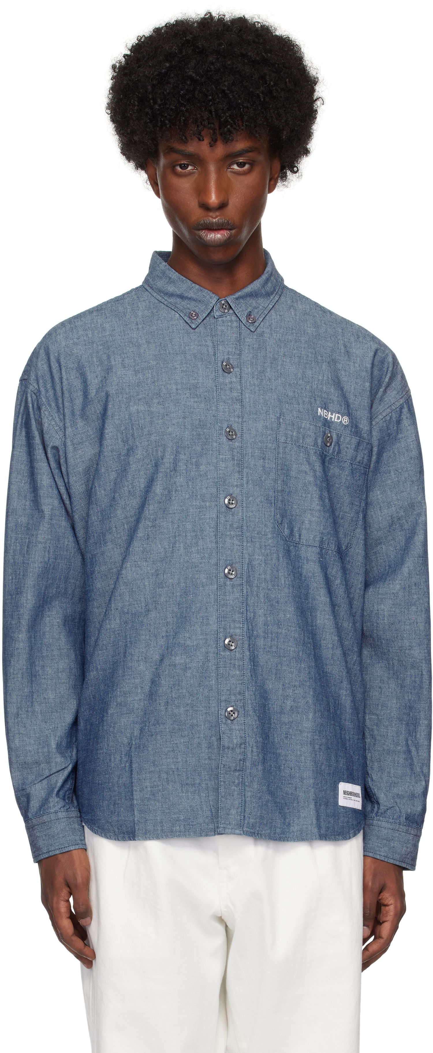 Риза Neighborhood Chambray Long Sleeve Shirt Синьо | 242BENH-SHM02, 0