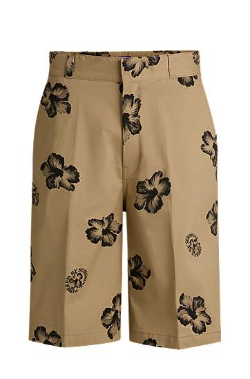 Къси панталони BOSS Baggy-Fit Hibiscus-Print Stretch-Cotton Twill Shorts Бежово | 50542159, 0