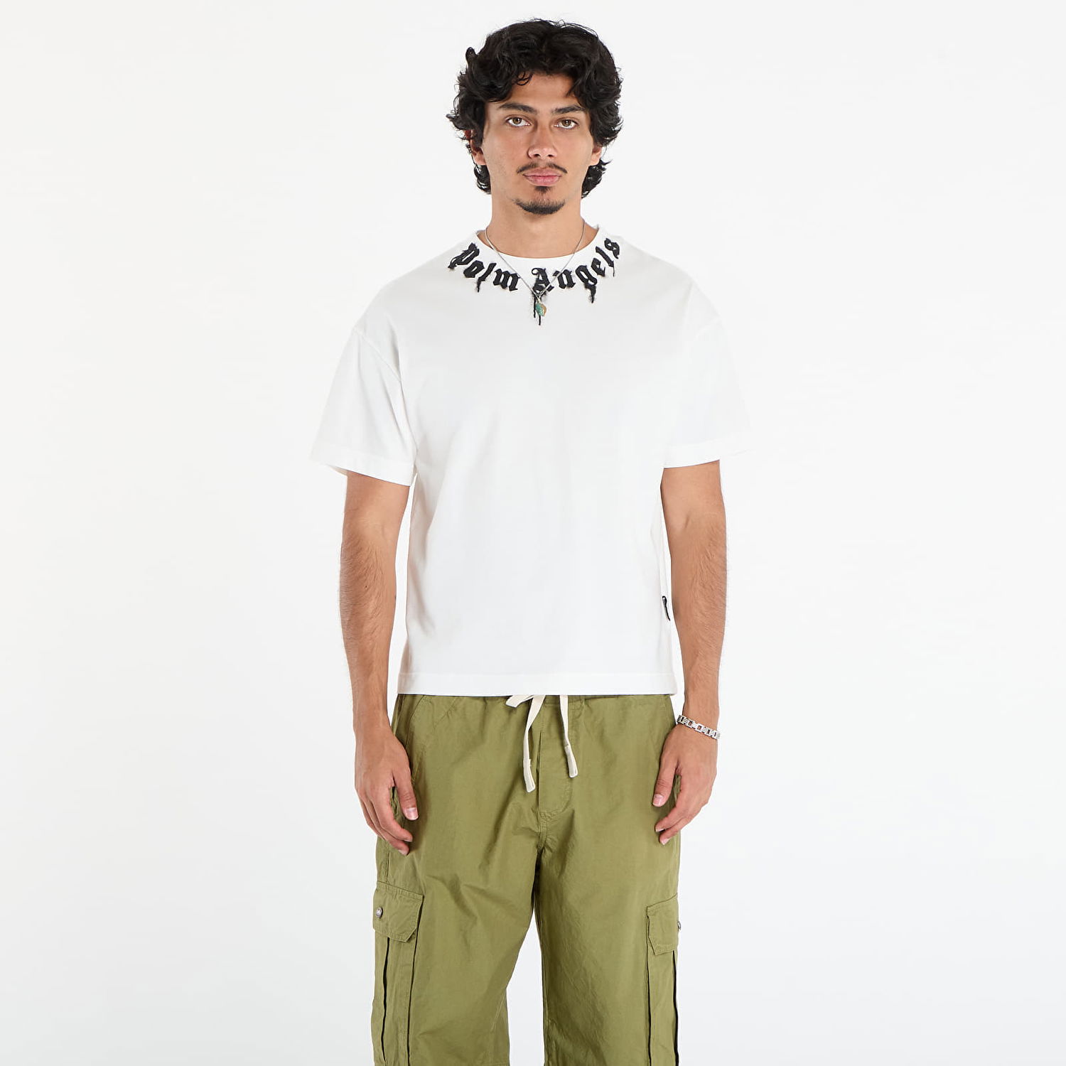 Тениска Palm Angels Palm Angels Neck Logo Regular T-Shirt Бяло | PMAA109F25JER0090310, 0