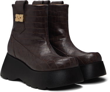 Кецове и обувки GANNI Kat Crocodile-Embossed Platform Low Boots with Buckle Кафяво | S3235, 3