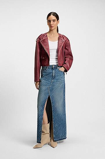 Пола BOSS Long Denim Skirt with Logo Pinstripe and Front Slit Синьо | 50542445, 1