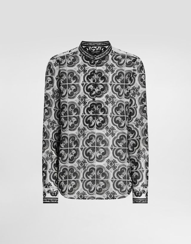 Dolce & Gabbana Cotton Mandarin Shirt with Majolica Print