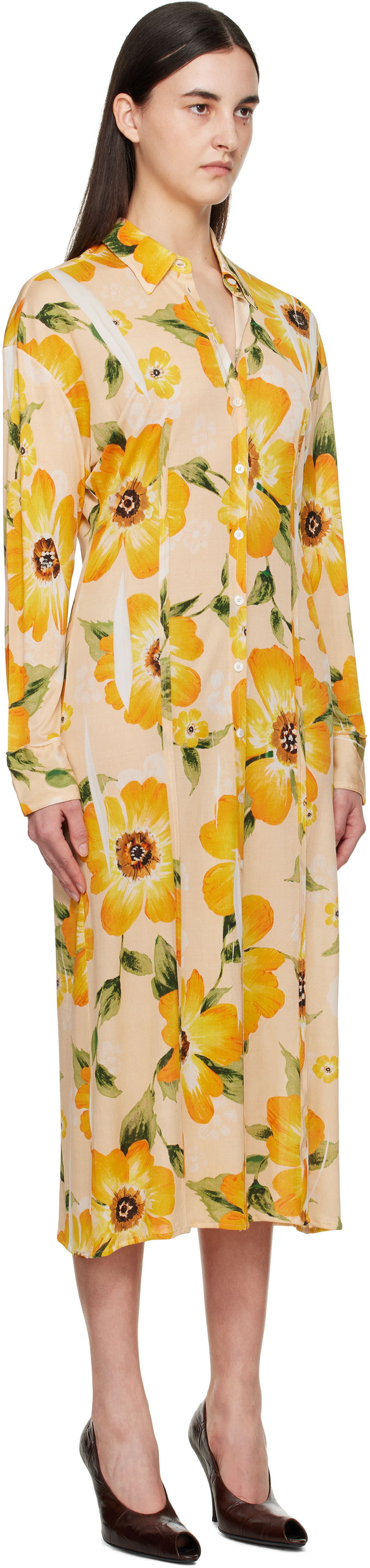 Pокля Acne Studios Acne Studios Button-Up Floral Print Midi Dress Жълто | A20803-, 1