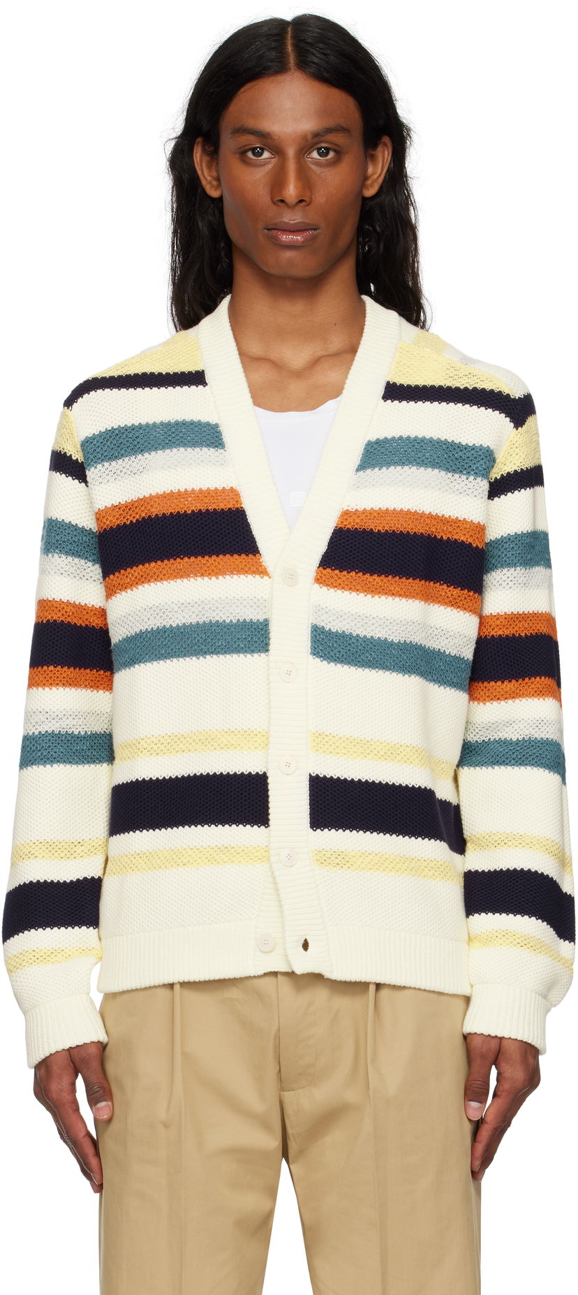 Пуловер MAISON KITSUNÉ Maison Kitsuné Comfort Striped Knit Cardigan Бяло | OM00506KT1129