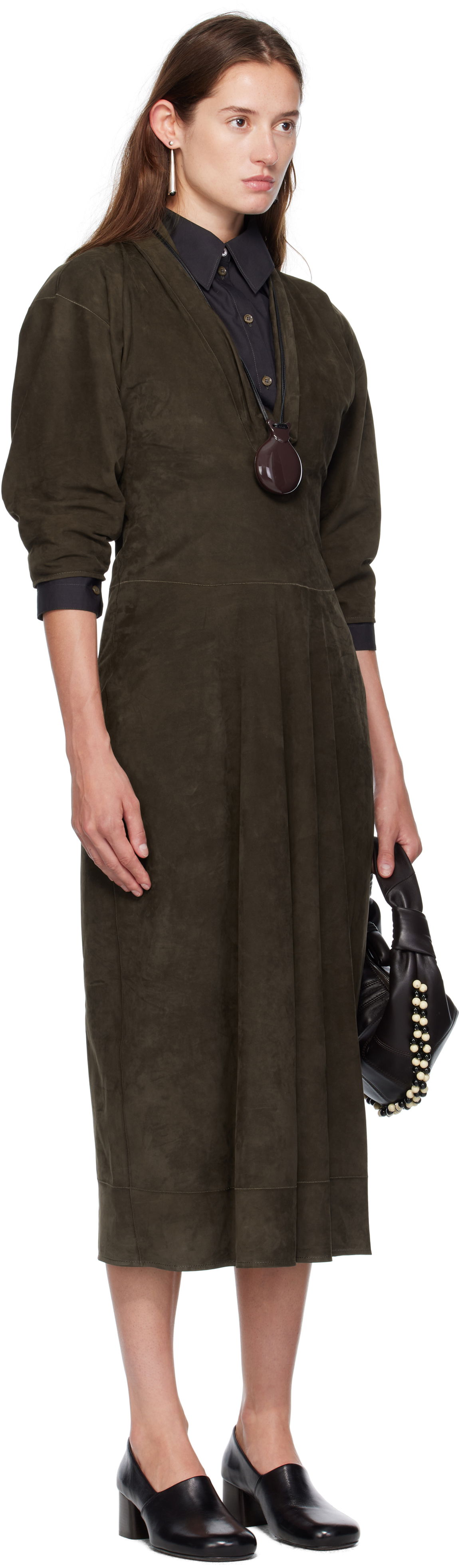 Pокля LEMAIRE Lemaire V-Neck Nubuck Midi Dress Зелено | DR1122 LL0148, 1