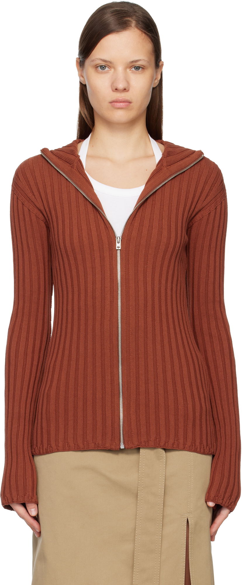 Суитчър Acne Studios Acne Studios Ribbed Knit Zip-Up Hoodie Кафяво | C60112-