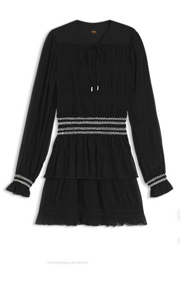 Pокля BOSS Smock-Stitched Waistband Plissé Dress Черно | 50544042, 0