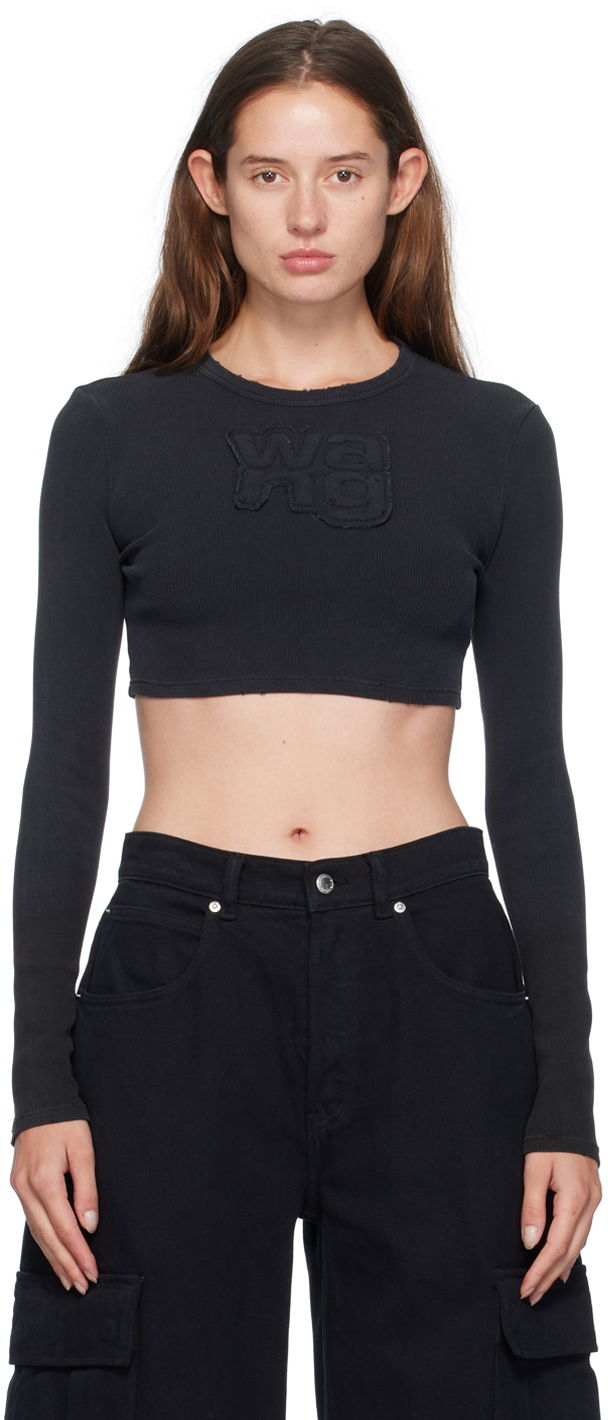 Съкратен топ Alexander Wang Crewneck Long Sleeve Crop Top Черно | 4CC3241474