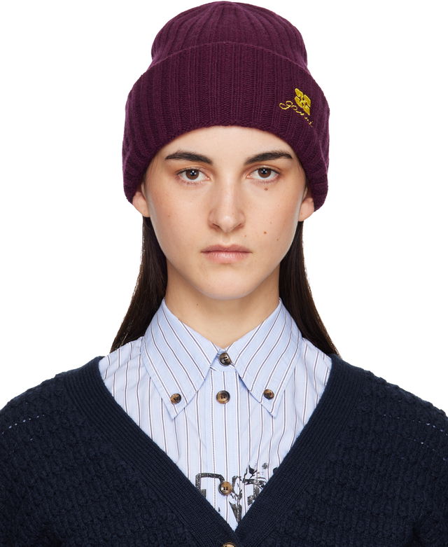 Embroidered Logo Ribbed Wool Knit Beanie