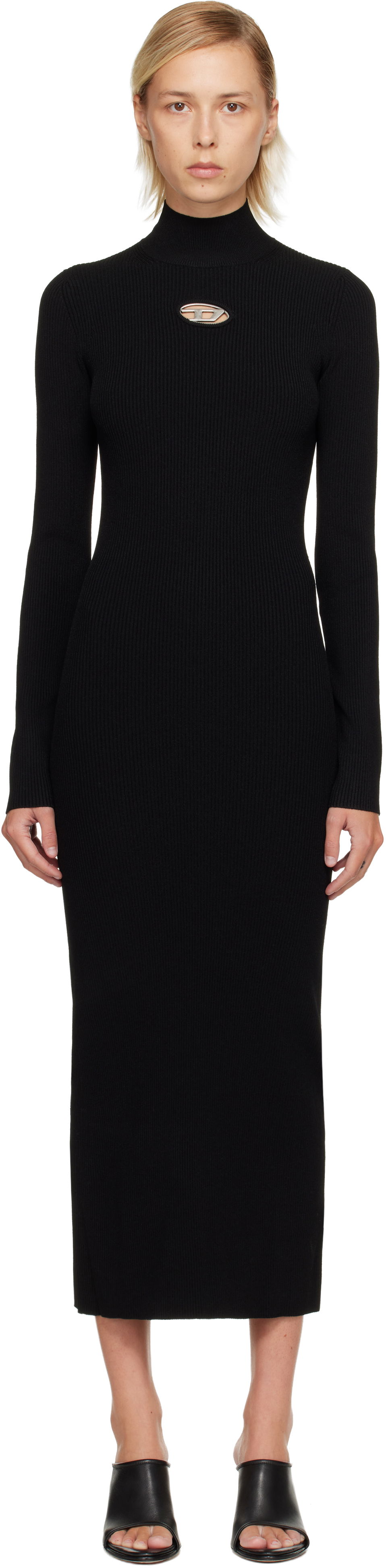 Pокля Diesel Ribbed knit long-sleeve mock neck maxi dress with metallic cut-out Черно | A14186 0DLAX, 0