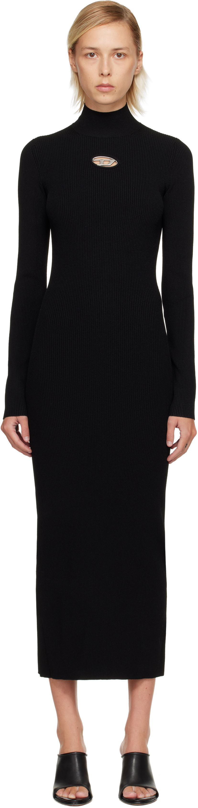 Pокля Diesel Ribbed knit long-sleeve mock neck maxi dress with metallic cut-out Черно | A14186 0DLAX