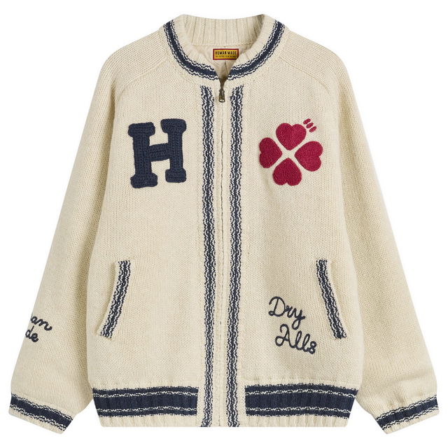 Varsity H Patch Clover Embroidered Zip-Up Knit Cardigan Large