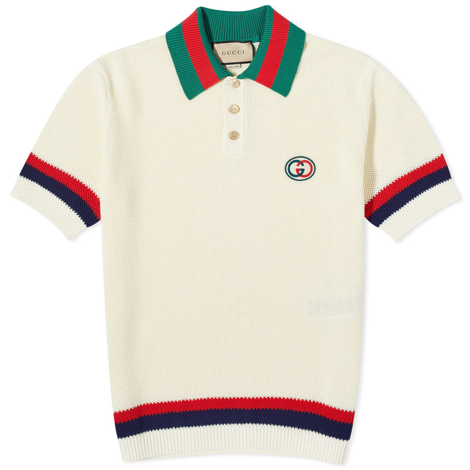 Поло тениска Gucci GG Logo Resort Knitted Polo Ivory/Red/Green Бежово | 739954-XKC9O-9275, 0
