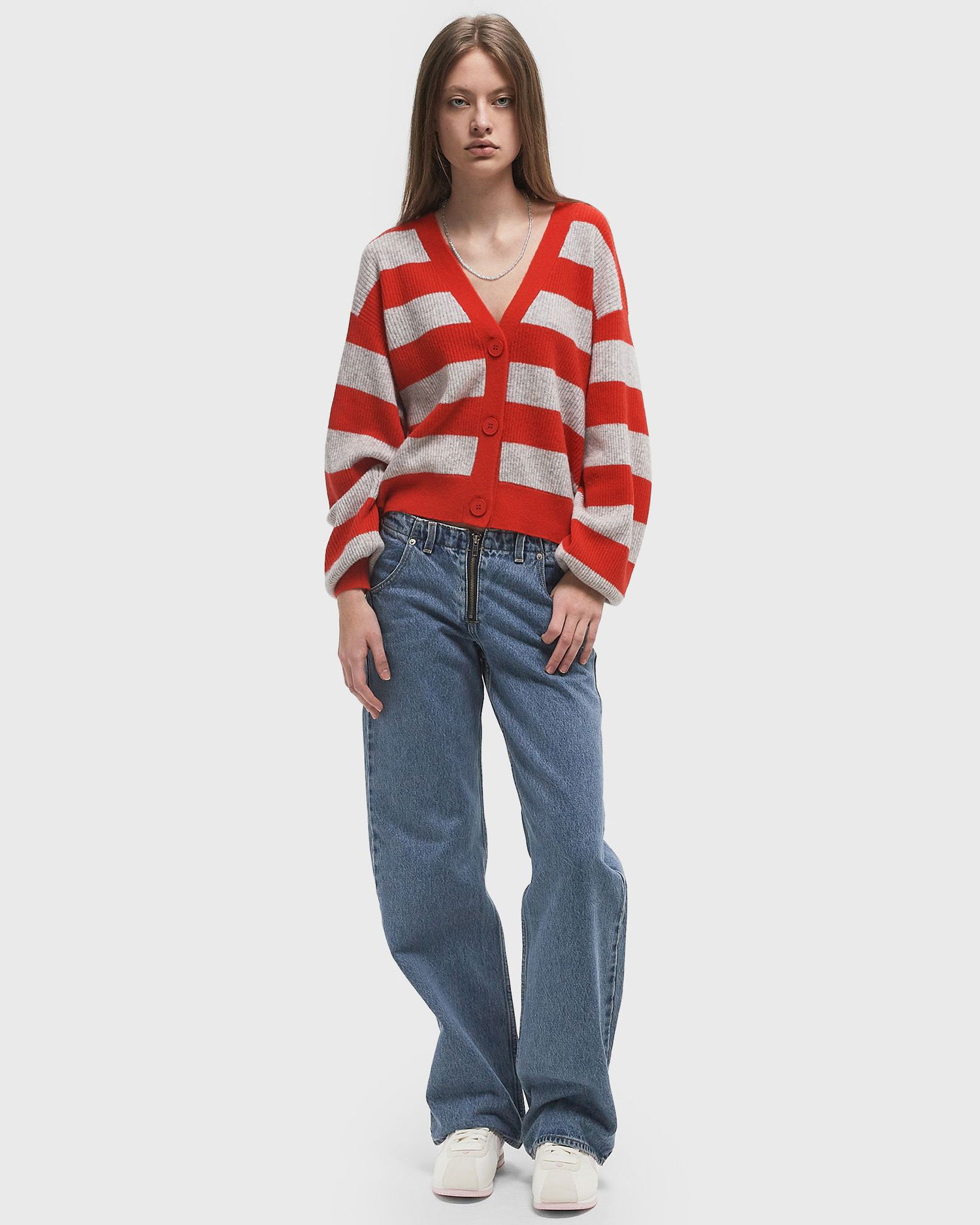 Пуловер American Vintage Striped Knit Cardigan Червено | RAX19BE25-GRIS-CHINE-RAYE-FRAISE, 1