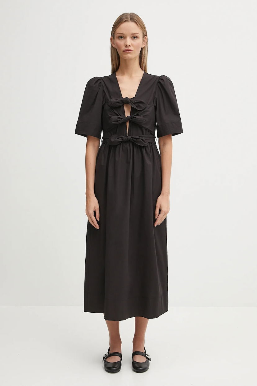 Pокля GANNI GANNI Stretch Cotton Tie Strap Midi Dress Черно | W0842
